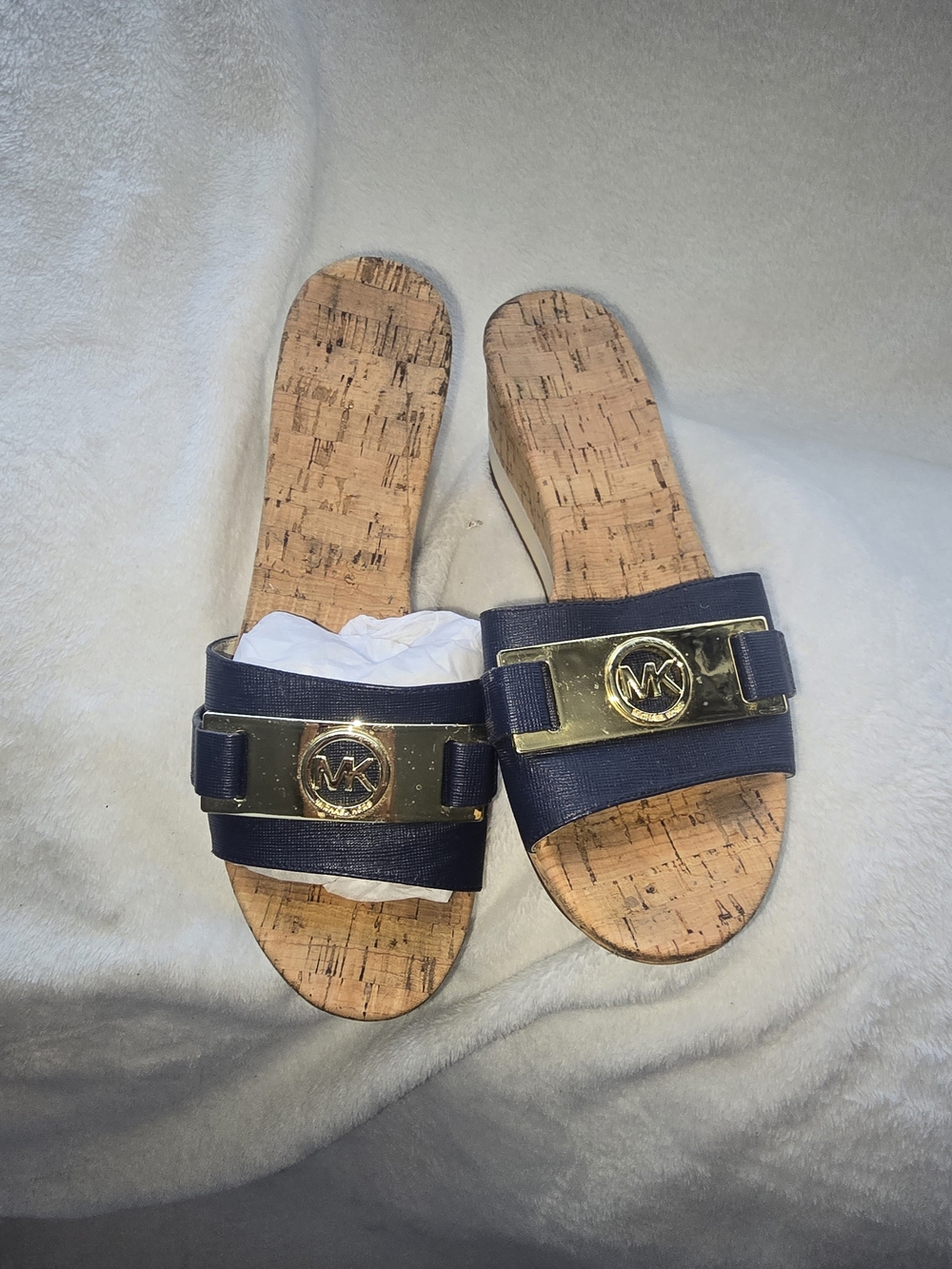Michael Kors Navy Cork Slide Sandals with Gold MK Plaque